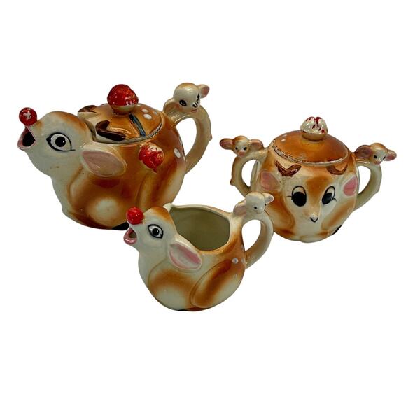Vintage Rudolph the Red Nose Reindeer Tea Pot Pitcher Sugar Bowl Creamer MCM - Picture 1 of 7